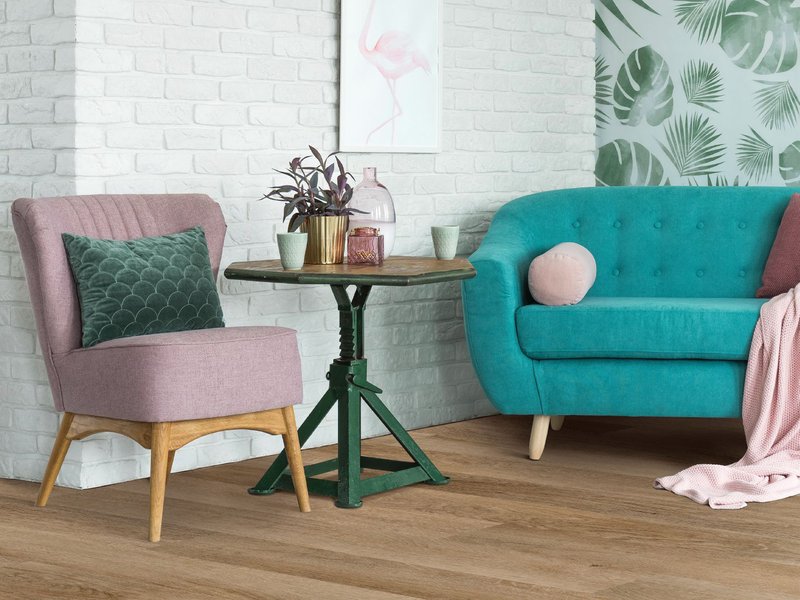 Pink and blue couch from Devine Flooring in Wilton